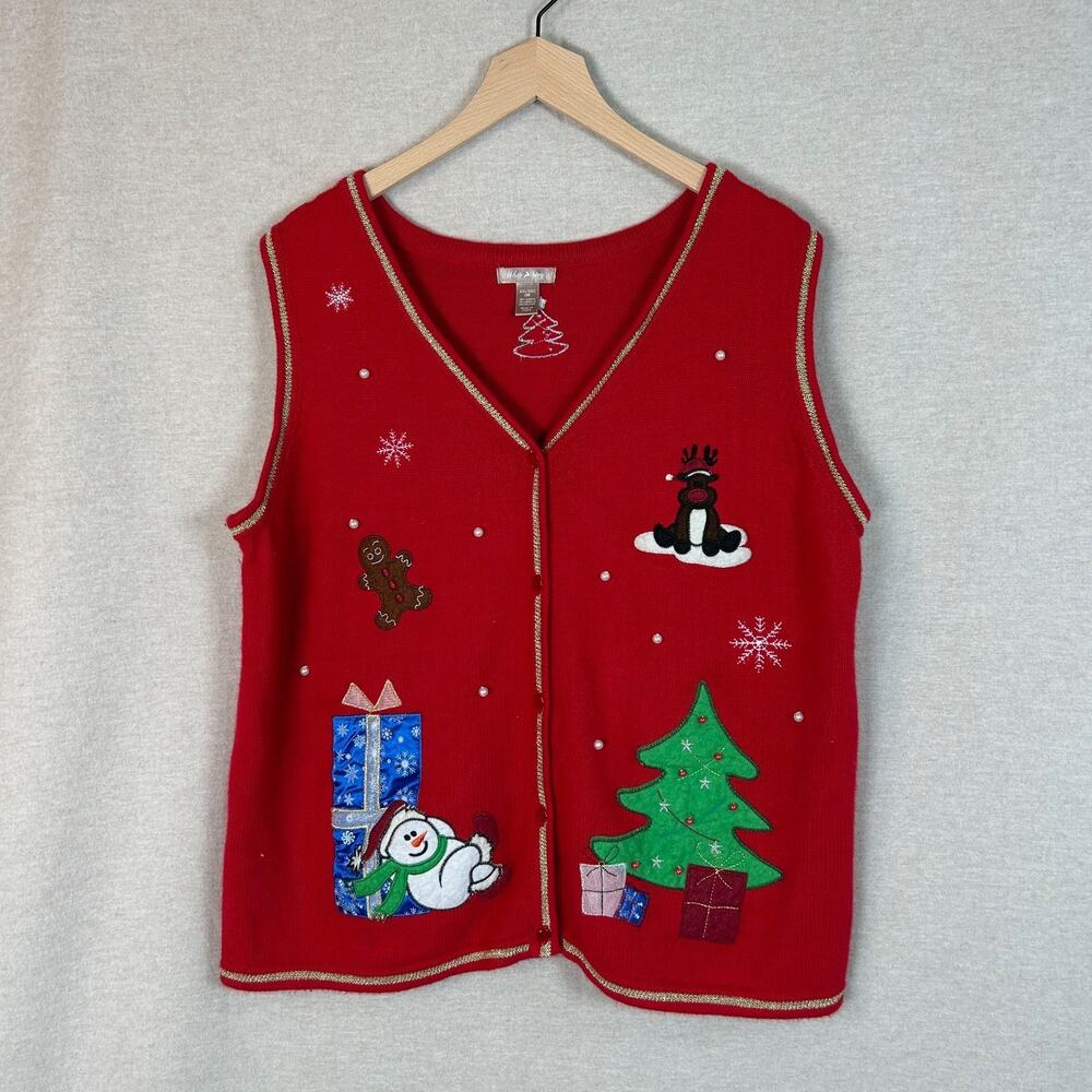 Vintage White Stag Womens Knit Sweater Vest‎ Size XXL Christmas Holidays Beaded